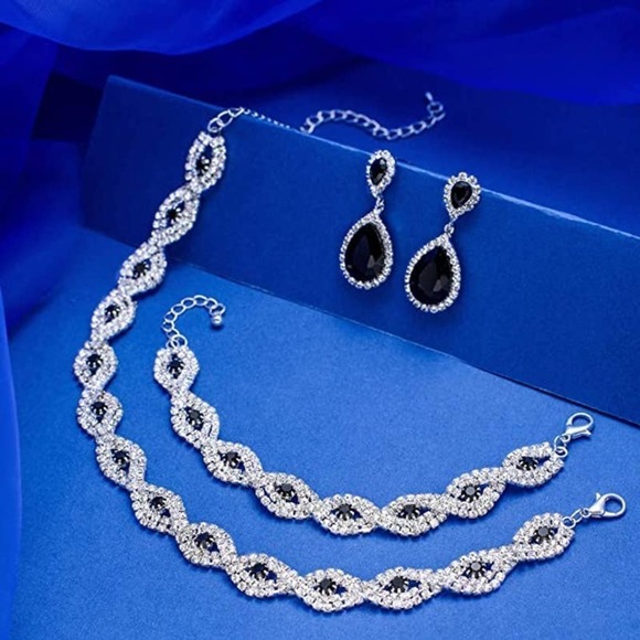 Black White Crystal Necklace Set CZ Cubic  Rhinestone Necklace Bracelet Earrings - Picture 1 of 5